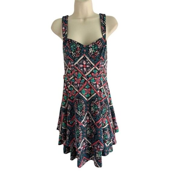 Free People Women's Sz S Black Pink Green Fit Flare Mini Dress - Picture 1 of 7